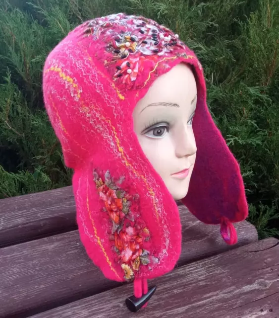 Womens felted coral merino wool earflaps.warm wool hat.ushanka.Christmas gift.wi