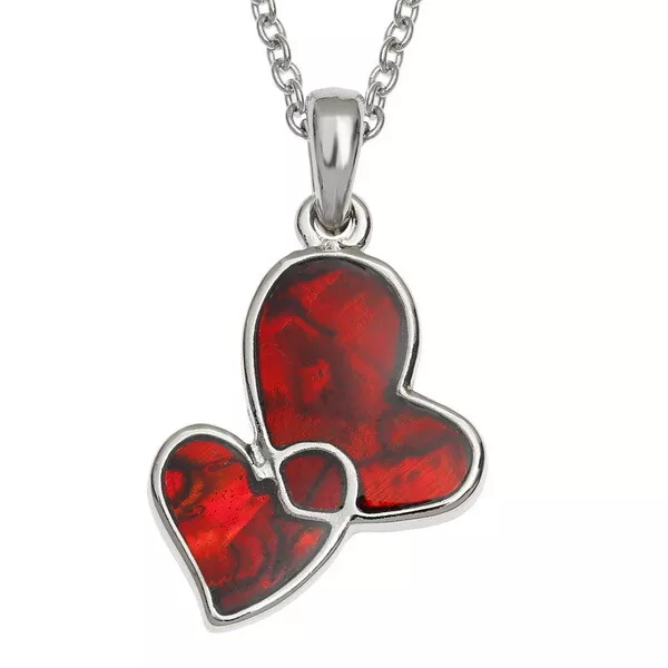 Entwined Red Love Hearts Silver Necklace Pendant Paua Abalone Shell - Gift Boxed
