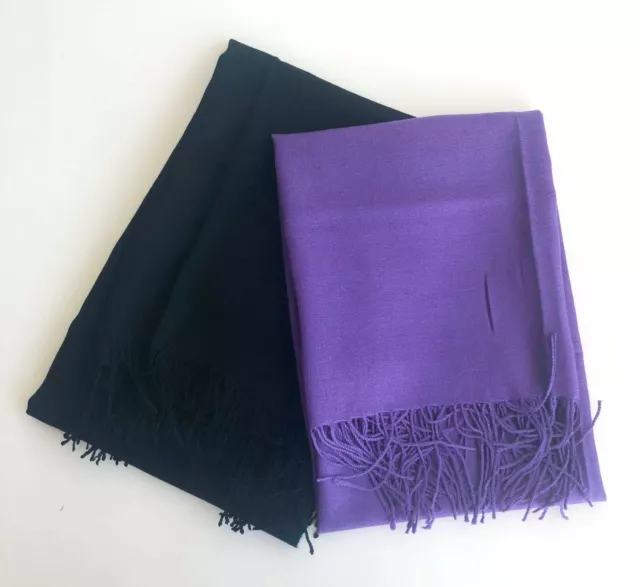 100% Pure Wool Women Long Scarf Light Pashmina Soft Shawl Head Wrap Purple Black