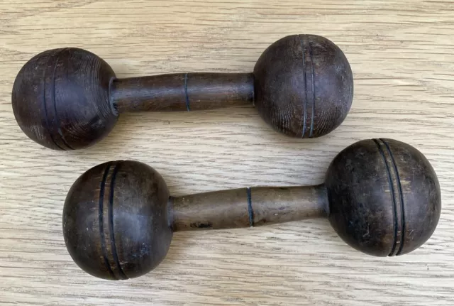 Pair Antique Vintage Primitive Wooden Dumbells Barbells Sporting Props Display