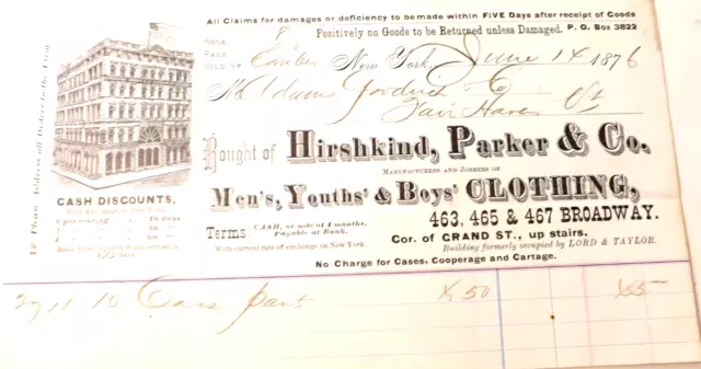 Billhead 1876 Hirshkind, Parker & Co. Clothing Broadway Nyc Ny Lord & Taylor