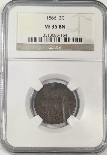 1866 P Two Cent Piece 2C NGC VF-35 BN