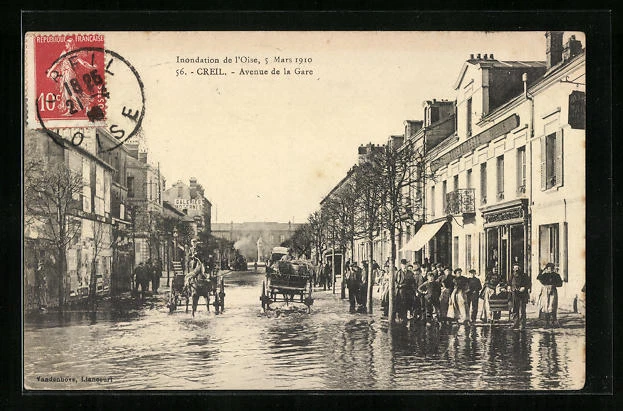 CPA Creil, Floodation de l'Oise 1910, Avenue de la Gare, street view bei inon