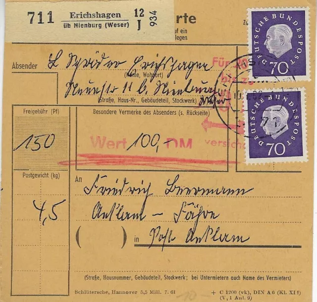 BRD - Wert-Paketkarte, 3071 Erichshagen über Nienburg, 10.01.1962