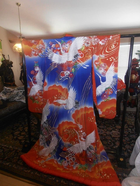 Japanese UCHIKAKE Wedding Kimono Dress Embroidered Cranes Trees | Kimono Silk |