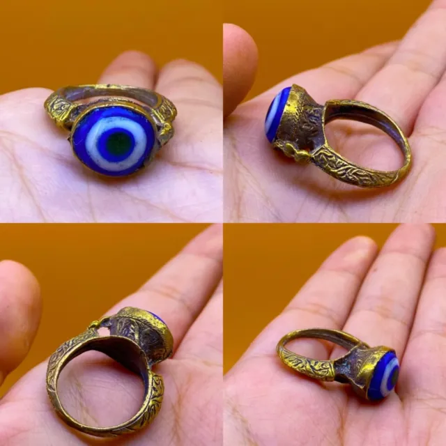 Wonderful Ancient Greek Gold Gilding Mosiac Face Bead Glass Ring 6 Us