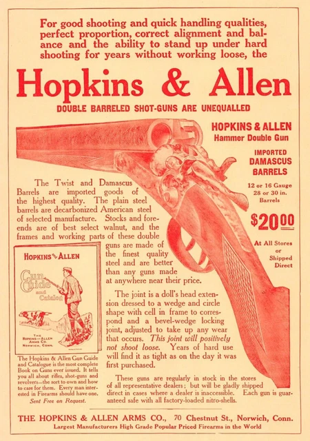 antique 1907 ad HOPKINS and ALLEN HAMMER DOUBLE GUN Norwich CT Shot-Gun