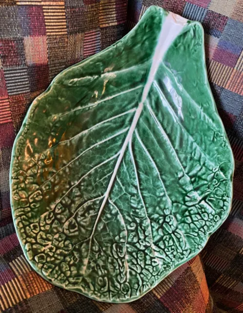 Vintage Secla Majolica Medium Green Ceramic Cabbage Leaf Salad Bowl Dish Plate