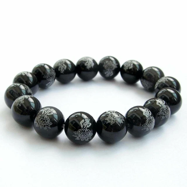 14mm Black Agate carving Buddha Gemstone Mala Stretchy Bracelets Wrist Cuff