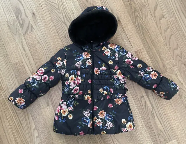 Girls ROTHSCHILD Floral Faux Fur Hood Puffer Winter Jacket - Size 4