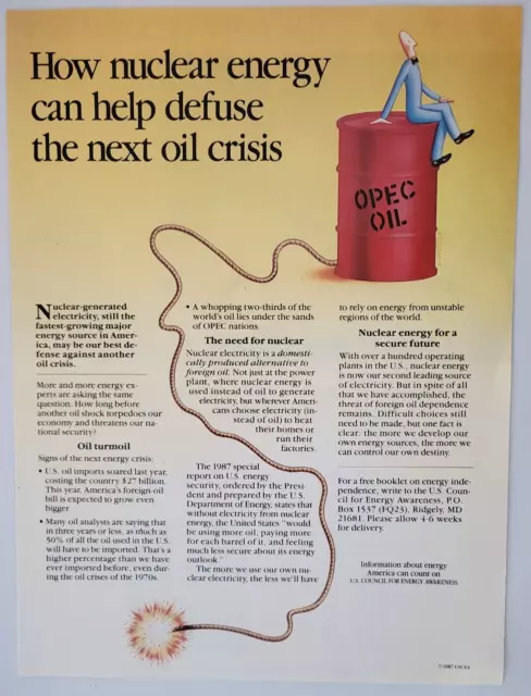 Nuclear Power Prevent Future Foreign Oil Crisis New Yorker Ad 1987 ~8x10.5"