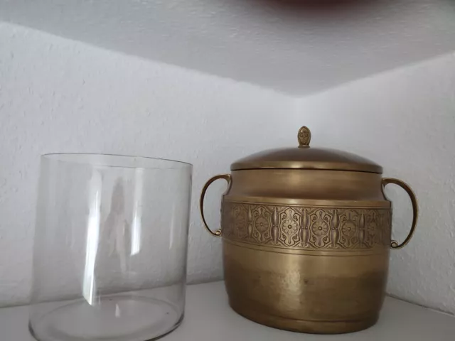 antike Messing Bowle, Jugendstil, mit Glaseinsatz