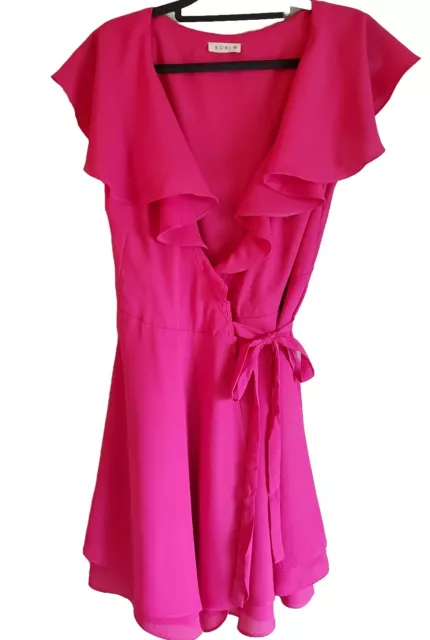 Kori Flutter Sleeve Ruffle Wrap Dress Women's Size Med Barbie Pink Sheer Short