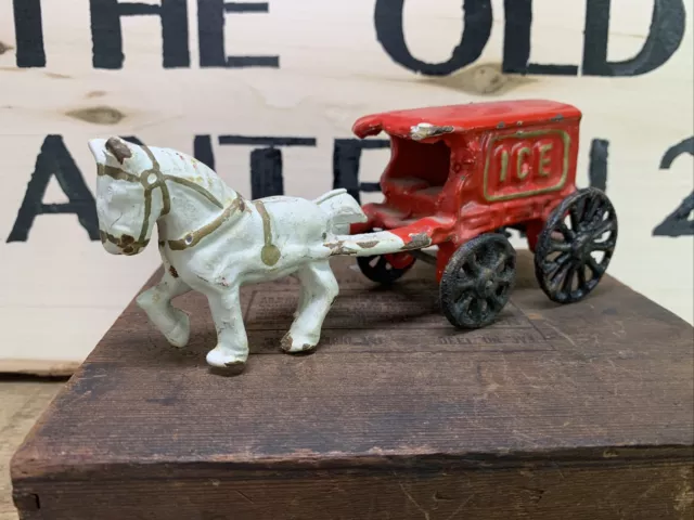 Vintage 1940 Cast Iron White Horse Drawn Red Ice Cart Buggy Wagon Toy Antique