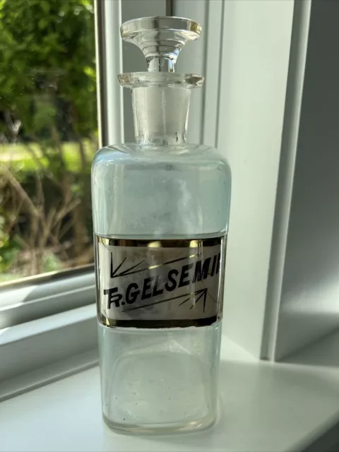 Vtg Antique Pharmacy Clear Glass Label Apothecary Jar Bottle Tr. GELSEMII