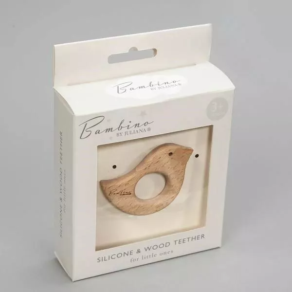 New Bambino Wooden Bird Shaped Baby Teether & Gift Box Teething Ring Soother Toy 3