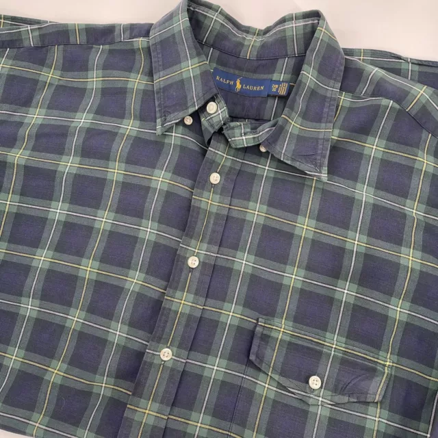 Ralph Lauren Mens 2XB 100% Cotton Blue Green Plaid Long Sleeve Button Down