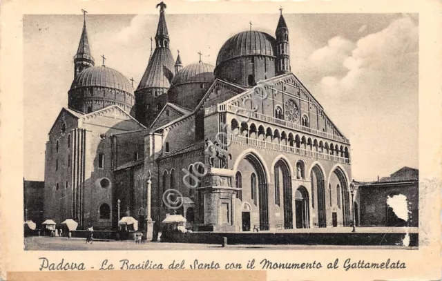 Cartolina Padova Basilica con Monumento a Gattamelata etichetta rispedire a