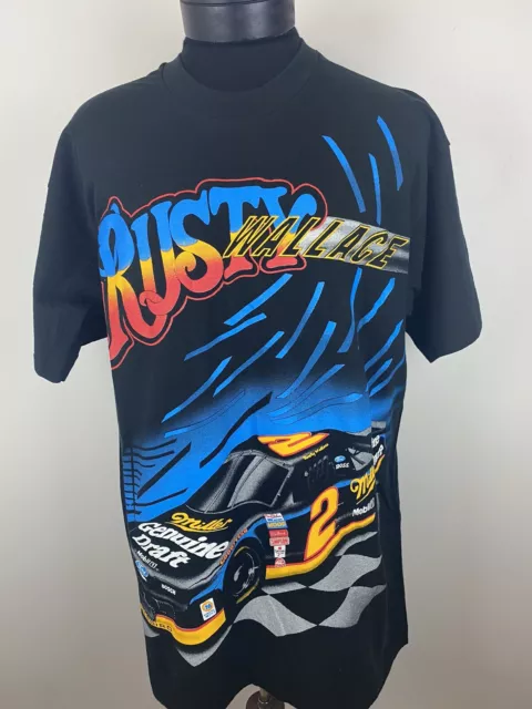 Vtg Rusty Wallace T-Shirt Mens CL All Over Black Kickin Asphalt Racing USA 90s