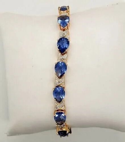 5Ct Pear Cut Natural Blue Sapphire/Diamond Women Tennis Bracelet 14K Yellow Gold