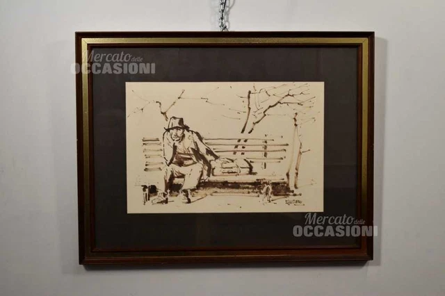 Quadro Di Italo Squitieri 1907-1994 "In riposo Sulla Panchina" 72x56 V