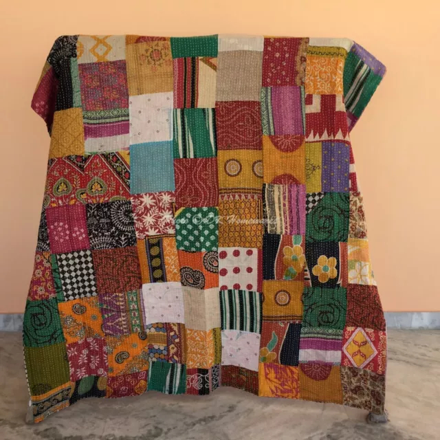 Chemin de lit simple Vintage Kantha, couvre-lit Patchwork Vintage en coton