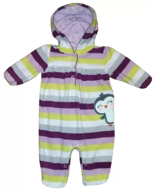 0-3 Month Carters Fleece Purple Striped Hooded Penguin Pants Jumpsuit Outfit