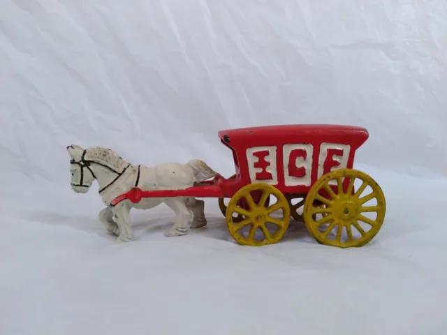 Antique Vintage Cast Iron - Horse Drawn Ice Wagon Carriage Buggy Toy