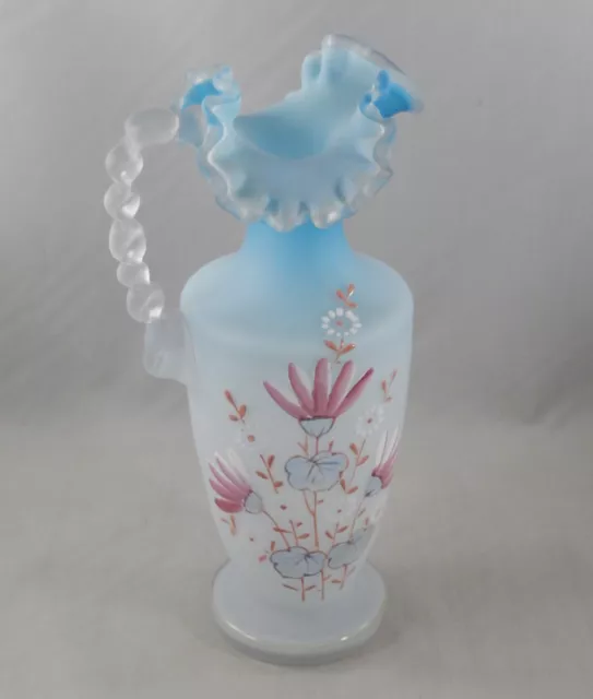 Antique Mt Washington Cased Blue Satin Glass Ruffled Edge Pitcher Floral Motif