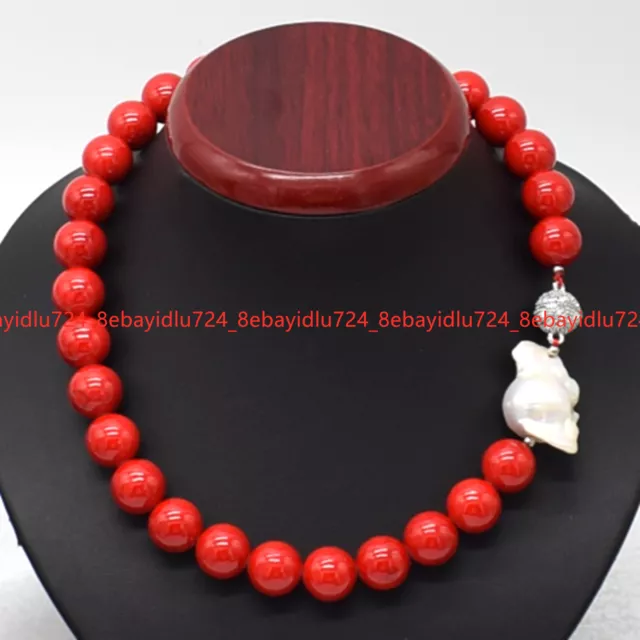 Huge 14mm South Sea Red Coral & White Baroque Keshi Pearl Necklace 16-28"