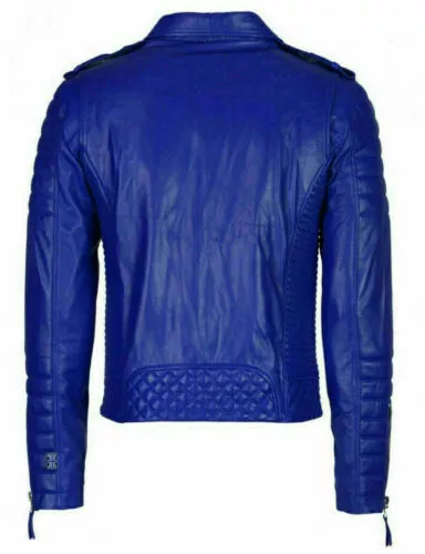 Rétro Uomo Motociclista Giacca Blu Reale Pelle Moda Abbigliamento Cappotto 2