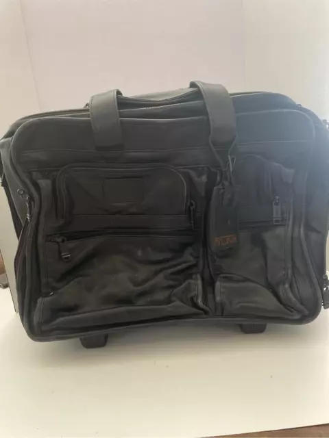 TUMI Alpha Deluxe 2 Wheeled Black Leather Expandable Briefcase Laptop Bag