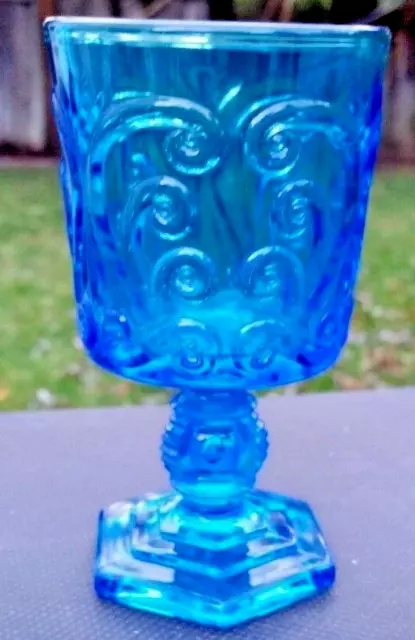 Imperial Glass Antique Blue Pressed Glass Scroll 5 oz Wine Goblet 4 3/4 X 2 3/4" 2