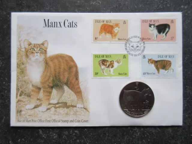 1989 Isle of Man Manx Cat Stamp & Coin Cover Commemorative Crown