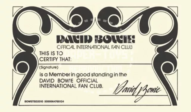 David Bowie International Fan Club Membership Card - Vintage Reprint