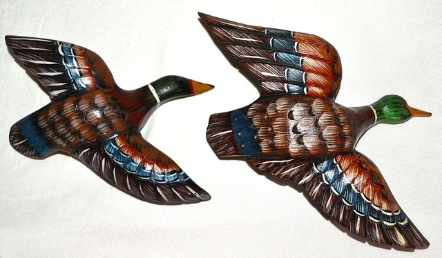 Pair Vintage Hand Carved & Painted Wood Mallard Duck Wall Plaques, Wall Hangings