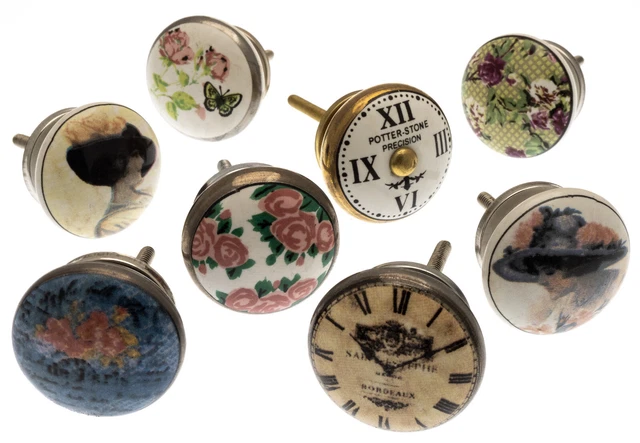 Ceramic Hand painted Door Knobs Vintage Style Set of 8