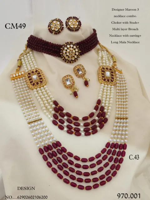 Indian Bollywood Style Combo Kundan 3 Necklaces Gold Plated Jewelry Set Bridal