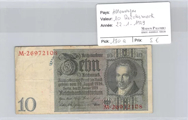 Ticket Germany - 10 Reichsmark - 22/1/1929 - Pick 180a - N° 26972108