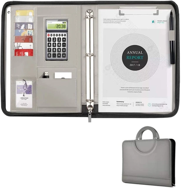 Padfolio,Magnetic Handle PU Leather Zippered Portfolio with 3 Ring Binder Docume