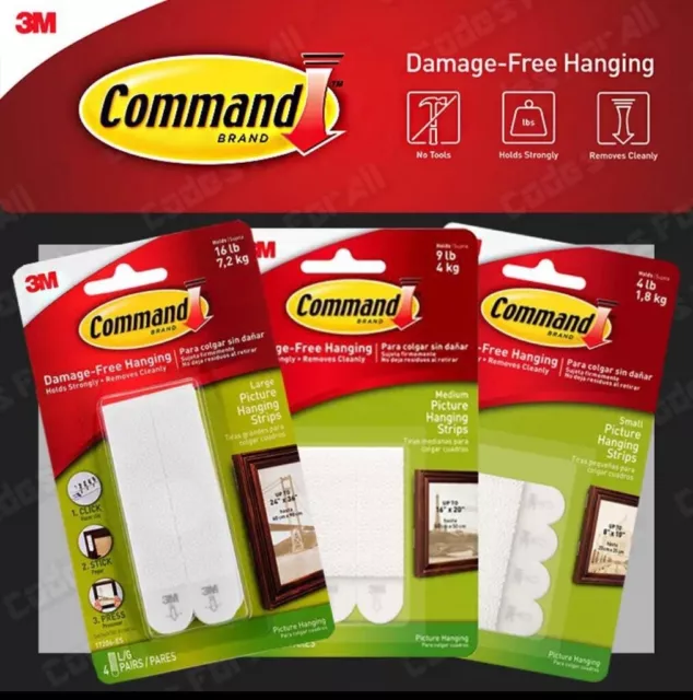 3M Command Strips Picture Hanging Strips Damage Free Small Medium Large 3