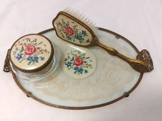 Vintage Floral Glass Vanity Brush, Jar & Tray Set