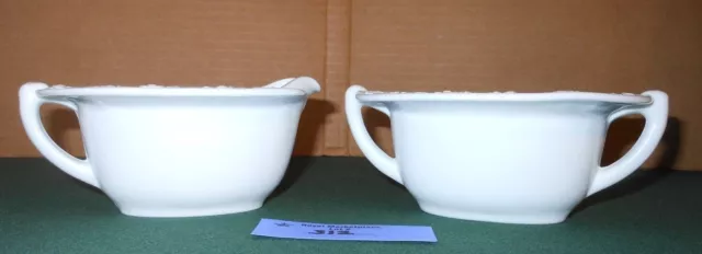 VTG White Milk Glass Gravy Boat CREAMER & SUGAR Bowl SET Floral Rim