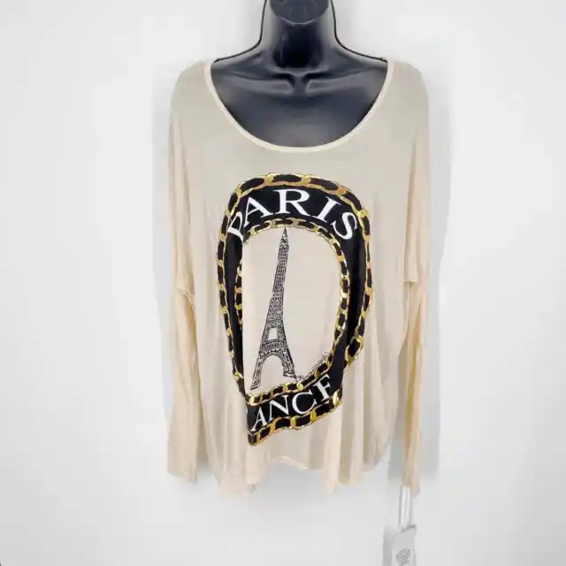 Lauren Moshi Women's Paris France Medallion T-shirt NEW Long Sleeve Sz XS Cream