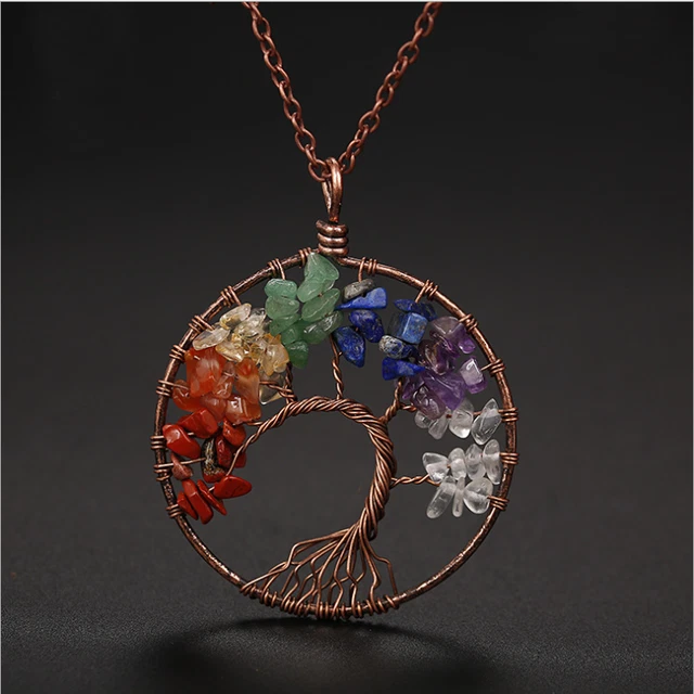 Tree of Life Pendant Gold 7 Chakra Genuine Gemstone Healing Energy Necklace