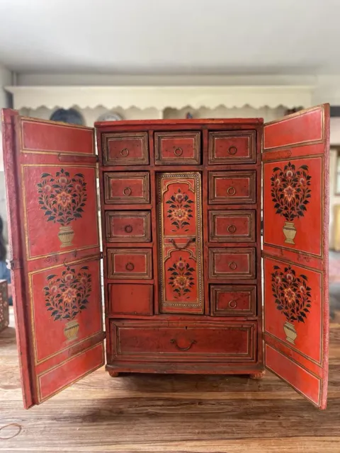 Stunning Antique Indian (?) Cabinet. Hand Painted In Orange With Flower Motif.