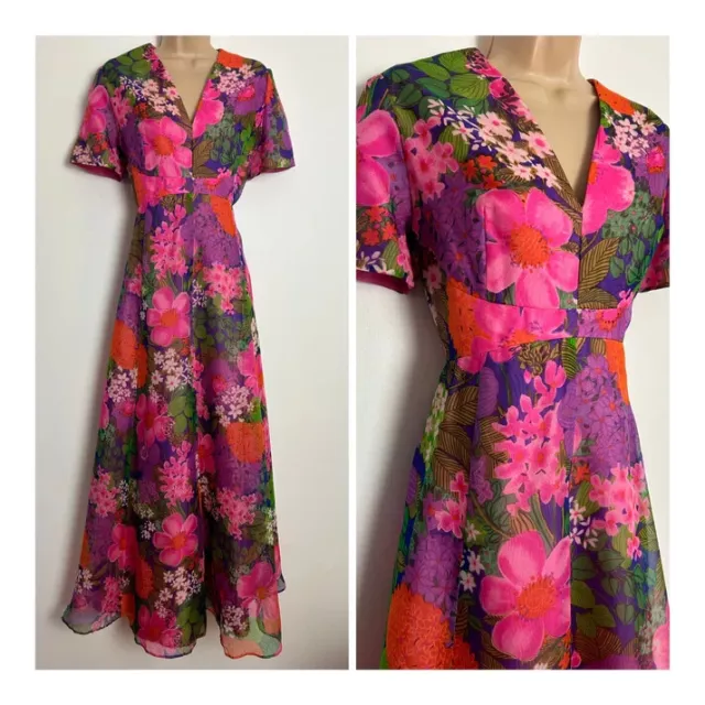 Vintage 70s Pink Purple & Green Bold Floral Print Chiffon Boho Maxi Dress 12