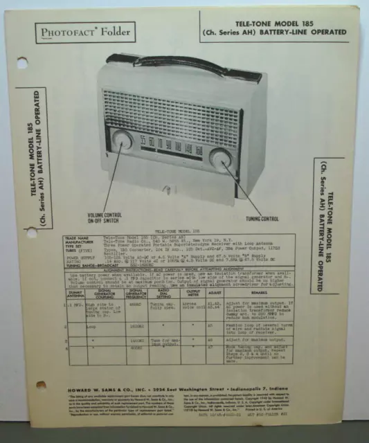 Sams Photofact 12-48 52-21 Tele-Tone Radio Model 185 (Ch. Series Ah)