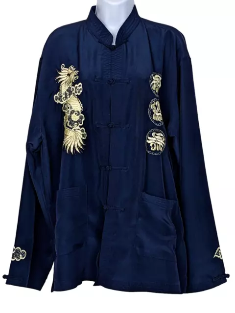 Silk XXXL Dragon Embroidered Jacket Vietnam Mandarin Collar Dark Blue