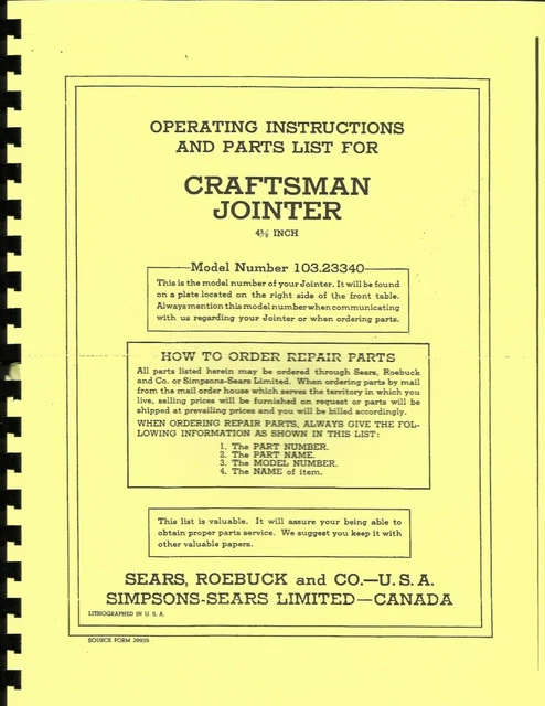 CRAFTSMAN 4 3/8" Jointer 103.23340 Instructions & Parts Manual 0185